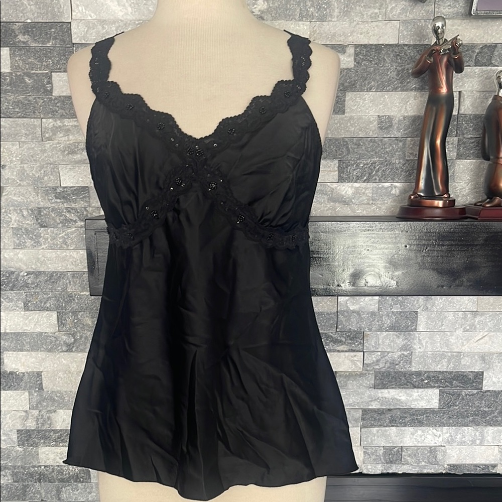 Butterfly Label Size L Black Lace Trim Beaded Tie Belt Camisole Top Blouse Women